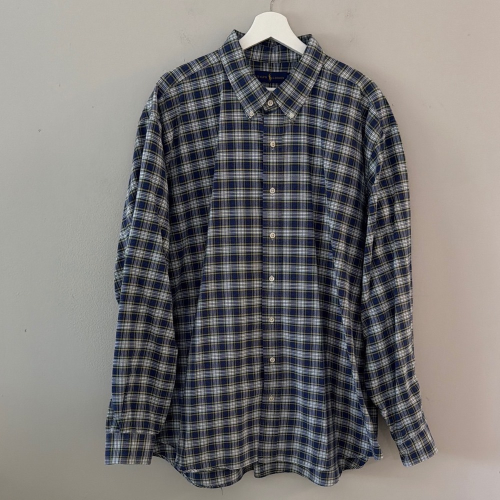 Ralph Lauren Mens 2XB Big & Tall Plaid Button Down Shirt Navy Green Cotton‎ Pony